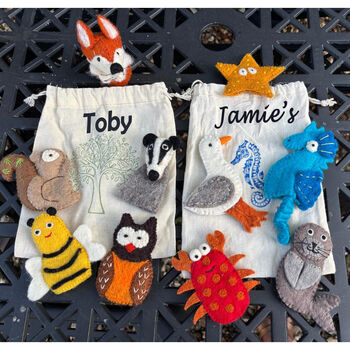 Four Sets Of Finger Puppets Woodland, Seaside Or Farm To Choose From In A Personalised Bag, 2 of 7