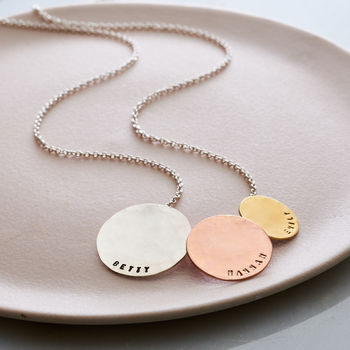 Personalised Tricolore Triple Hammered Disc Necklace, 2 of 9