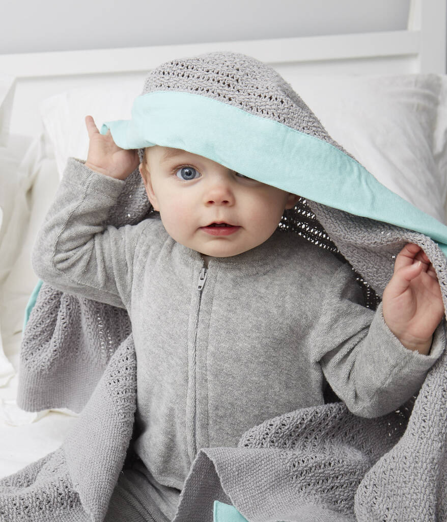 Organic Pram Cellular Blanket Grey With Turquoise Trim By Mama Designs