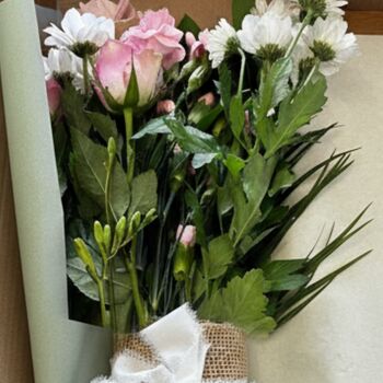 Couple Letterbox Flower Gift, With Ribbon, Watercolour Print Tag And Heart Sprinkles, 5 of 5