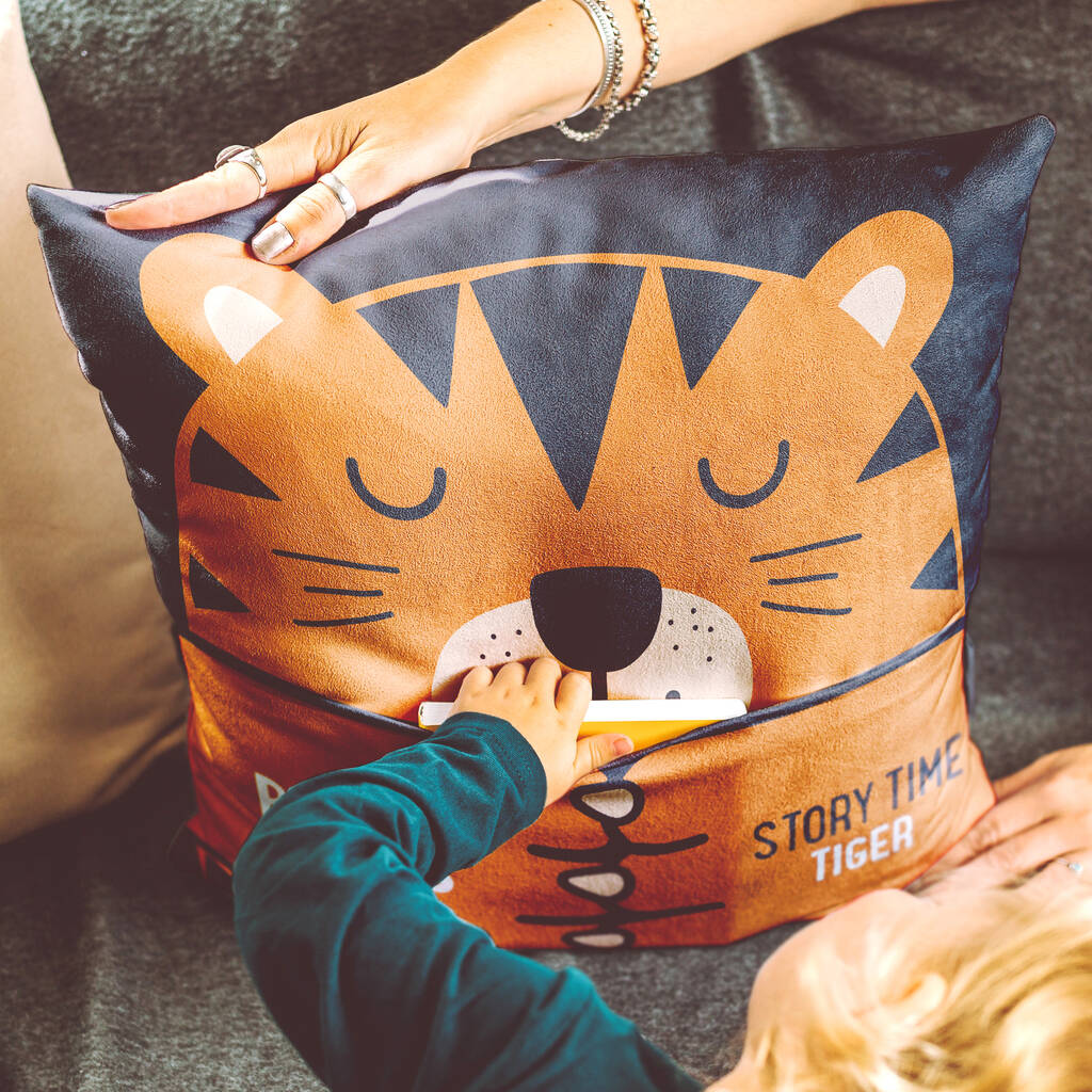 Personalised Story Time Tiger Cushion With Pocket, 1 of 6