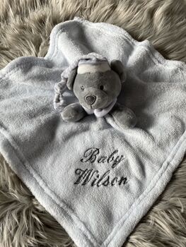 Embroidered Blue And Grey Baby Bear Comforter, 3 of 6