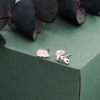 Mismatched Hedgehog And Mushroom Stud Earrings In Sterling Silver, 4 of 9