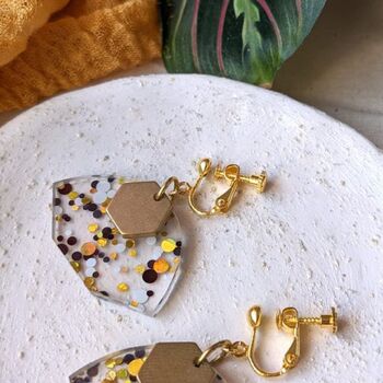 Clip On Earrings Art Deco Dotted Gold, Black And White, 2 of 4