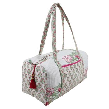 Block Printed Pink And Mint Floral Bird Quilted Duffle Bag, 8 of 9