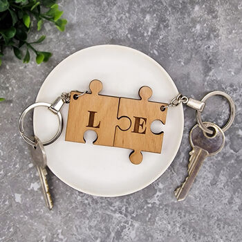 Personalised Puzzle Keyrings For Couples Wooden Jigsaw Keyrings, 2 of 8