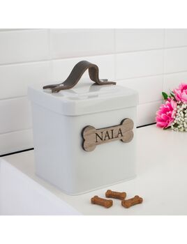 Personalised Farmhouse Pet Treat Tin With Walnut Nameplate, 4 of 9