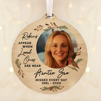 Personalised Robin Photo Memorial Wooden Bauble – Christmas Keepsake, 4 of 5