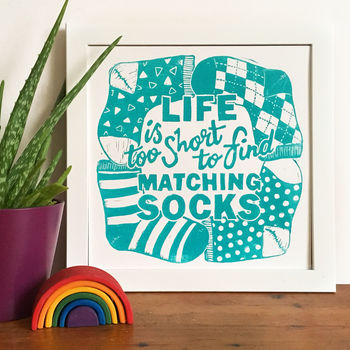 Life Is Too Short To Wear Matching Socks Linocut Print, 2 of 2