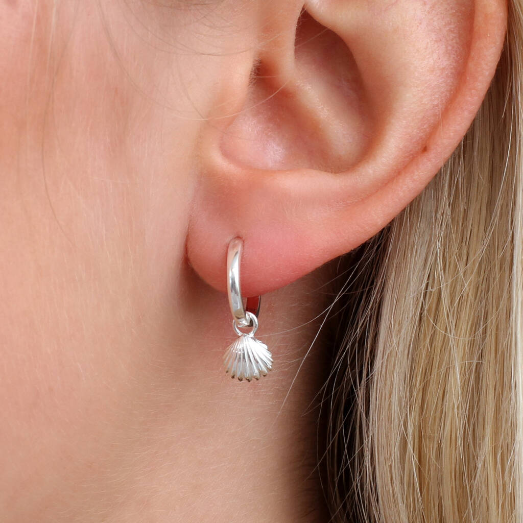 Sterling Silver Sea Shell Huggie Hoop Earrings, 1 of 6