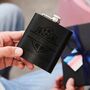 Personalised Hip Flask With Leather Sleeve And Engraved Football Design With Chosen Name And Football Club, thumbnail 3 of 5