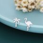 Mismatched Palm Tree And Flamingo Stud Earrings In Sterling Silver, thumbnail 1 of 12
