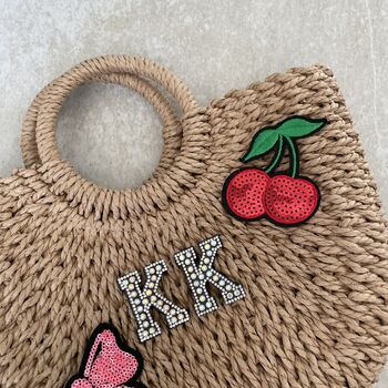Personalised Ada Bow And Cherry Half Moon Wicker Basket Drawstring Bag, 2 of 5