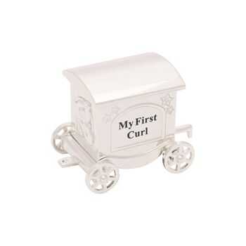 Silverplated First Tooth And Curl Set Train With Two Carriages Baby Gift, 9 of 10