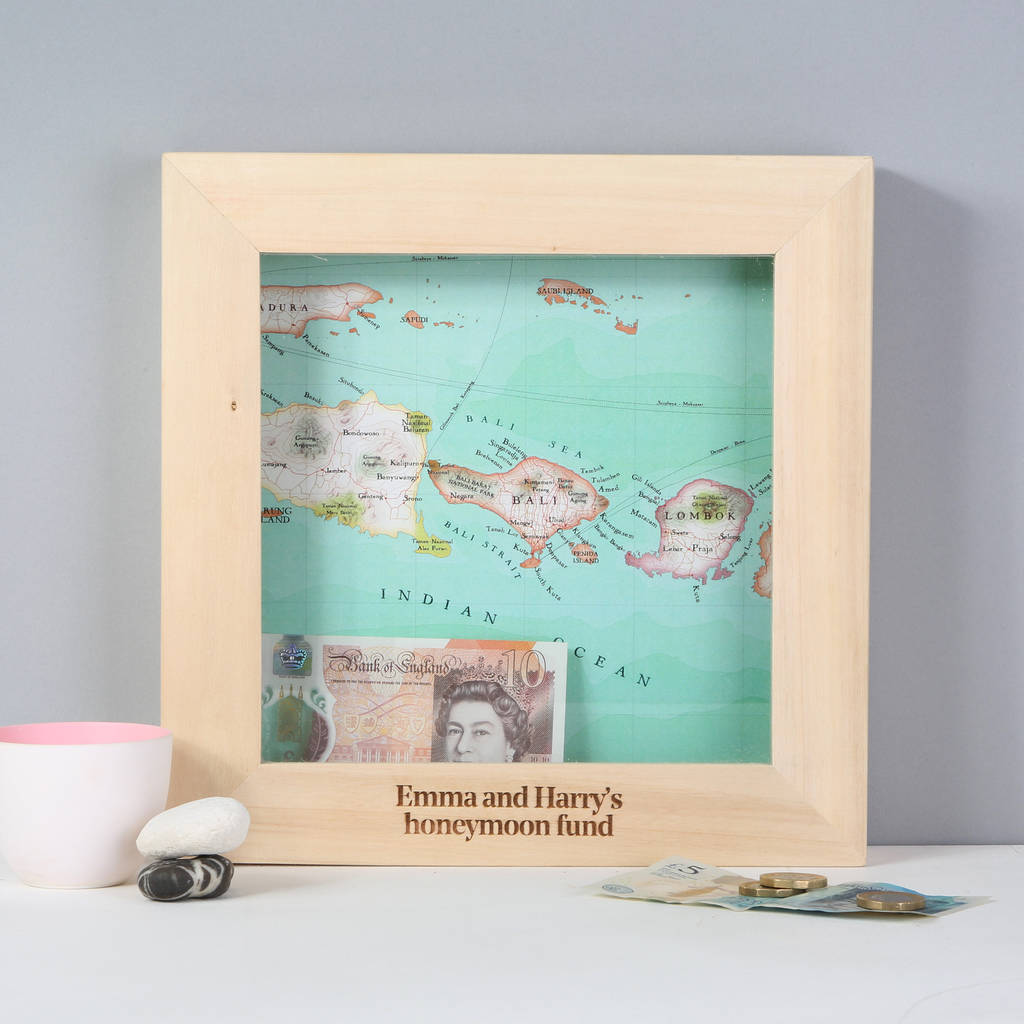Personalised Map Wedding Honeymoon Money Box Frame By Bombus