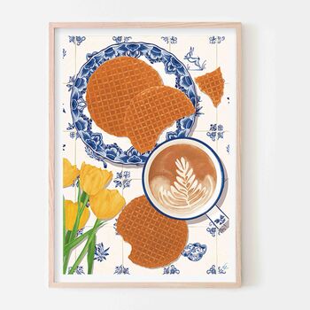 Stroopwafels And Coffee Over Tiles Art Print, 5 of 5