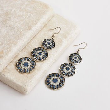 Navy Blue Triple Disc Drop Boho Earrings, 3 of 3