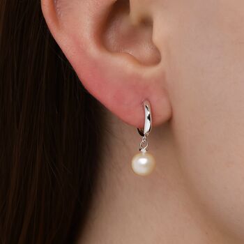 Sterling Silver Round Pearl Hinged Huggie Hoop Earrings, 2 of 5