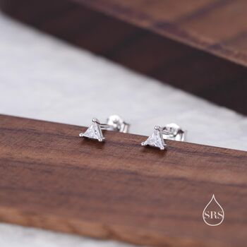 Sterling Silver Extra Tiny Minimalist Triangle Cz Crystal Stud Earrings, 6 of 12