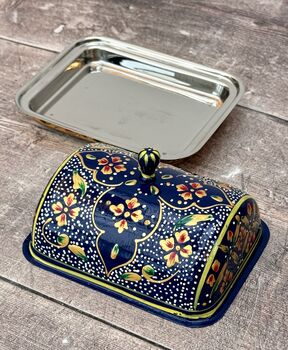 Handpainted Navy Patterned Butter Dish, 2 of 5