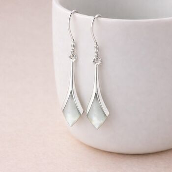 Sterling Silver Mother Of Pearl Diamond Drop Earrings – 20mm X 9mm, 4 of 5