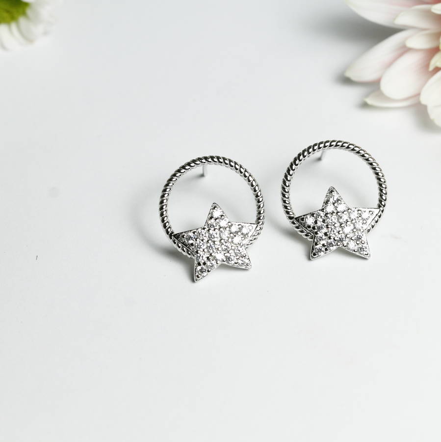 silver star on hoop earrings studs by attic | notonthehighstreet.com