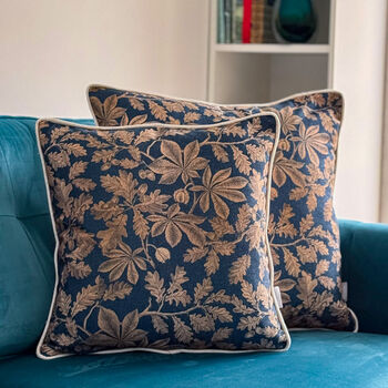 Luxury Linen Blend Floral Cushion Autumn Navy And Gold, 3 of 6