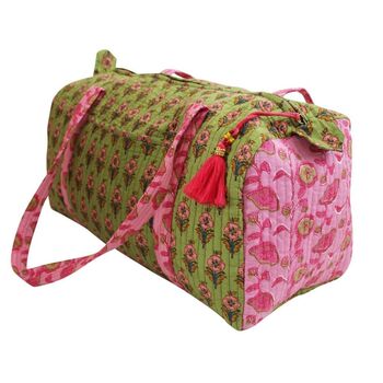 Block Printed Green And Pink Floral Quilted Duffle Bag, 3 of 5