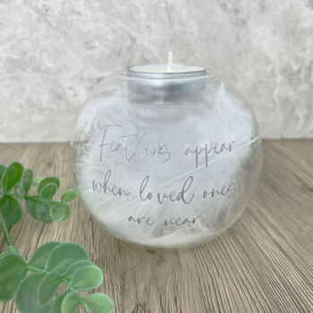 Personalised 'Feathers Appear' Feather Filled Glass Memorial Tea Light Holder, 5 of 6