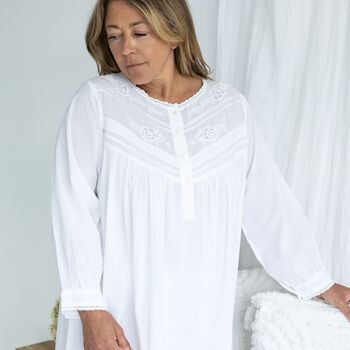 Women's White Cotton Long Sleeve Nightdress Yoke, 4 of 6