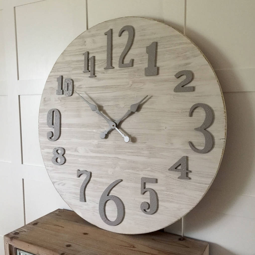 Large Round Coastal Whitewashed Cream Wood Clock By Cowshed Interiors