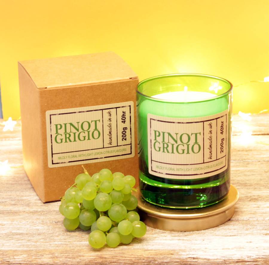 pinot grigio white wine scented candle in green glass by hearth