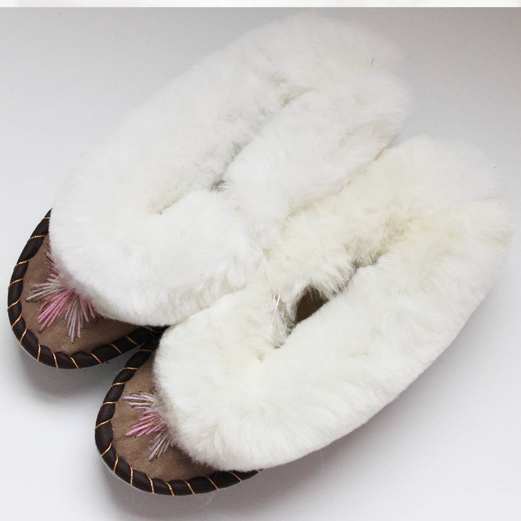white sheepskin slippers with rose gold embroidery by sheepers ...