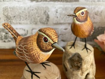Hand Carved Wooden Wren Ornament Garden Bird Figurine, 5 of 10