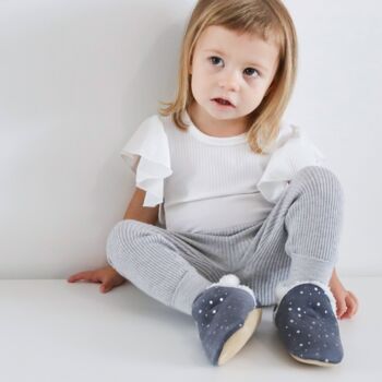 Dotty Fish Silver Stars Soft Suede Baby And Toddler Slippers With Fleece Lining, 2 of 9