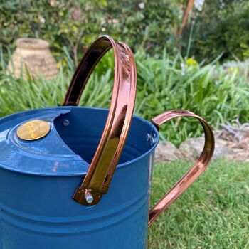 Pair Of Heritage Blue And Copper Watering Cans, 7 of 12