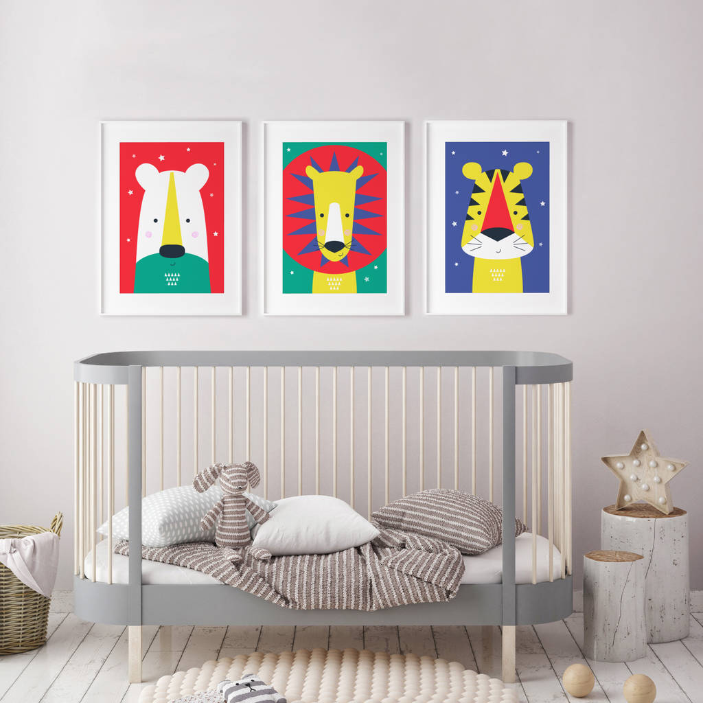 Nursery Wall Art Trio Animal Bright And Modern Baby By