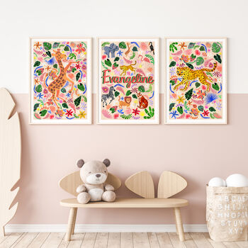 Personalised Pink Safari Name Print | Hand Painted Jungle Nursery Decor | Baby Girl Wall Art, 4 of 9