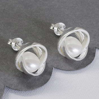 Sterling Silver Designer Round Pearl Studs, 6 of 10