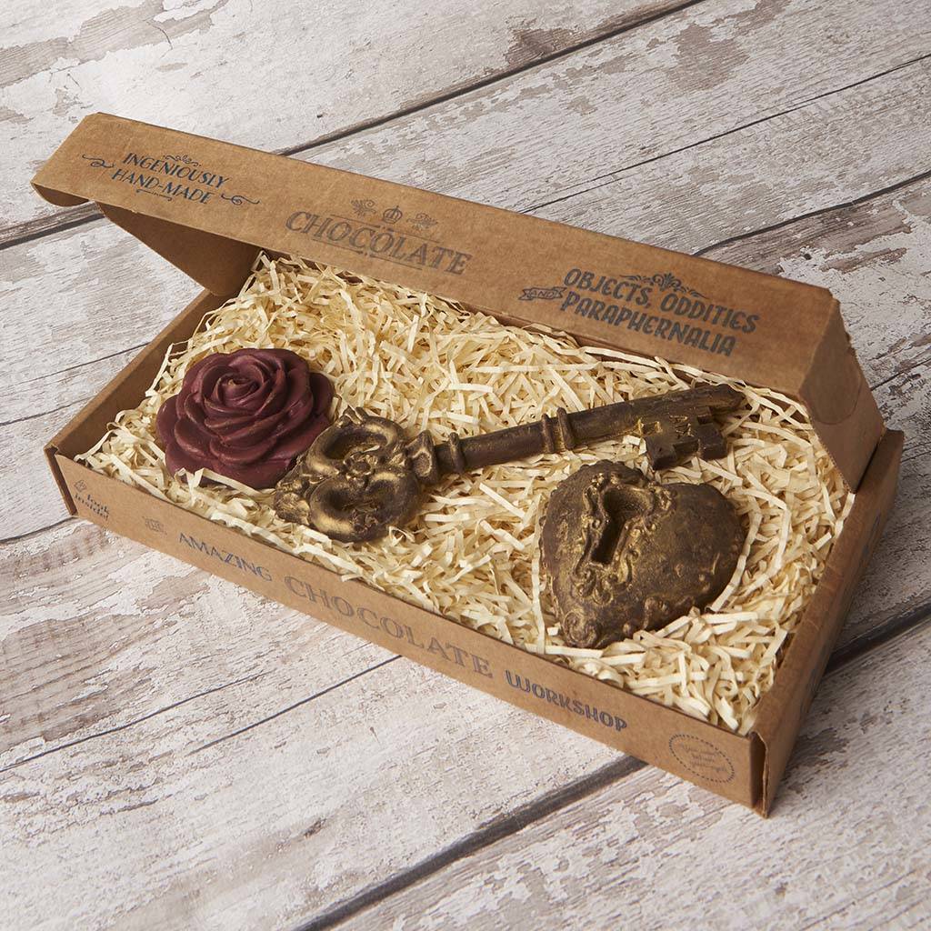 chocolate heart lock, medieval key and rose gift box by the amazing