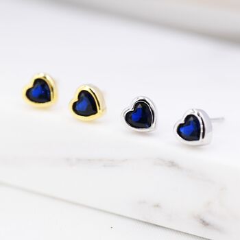 Tiny Sapphire Blue Cz Heart Stud Earrings, 6 of 11