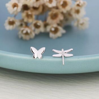 Mismatched Butterfly And Dragonfly Stud Earrings In Sterling Silver, 3 of 12