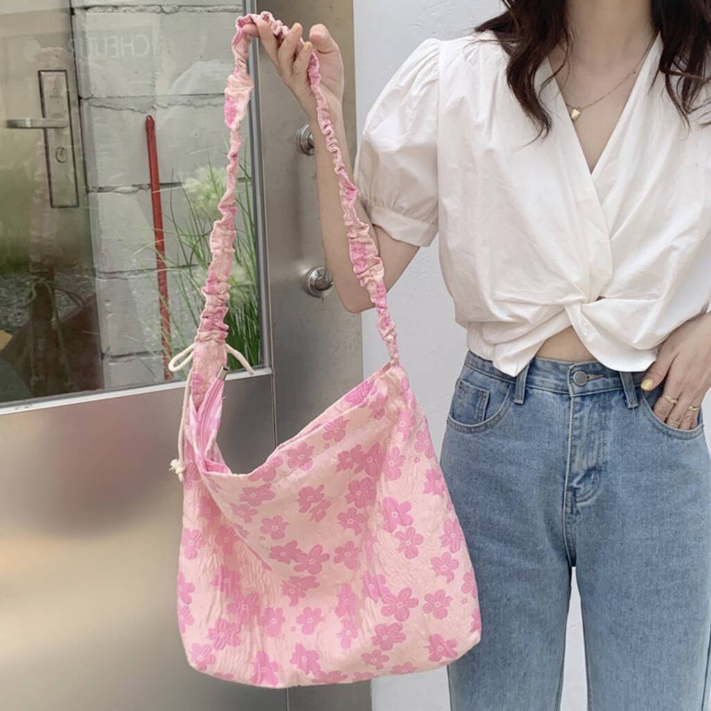 Ruched Floral Pink And White Shoulder Bag By GY Studios