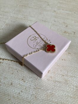 Gold Plated Red Single Clover Necklace, 7 of 7