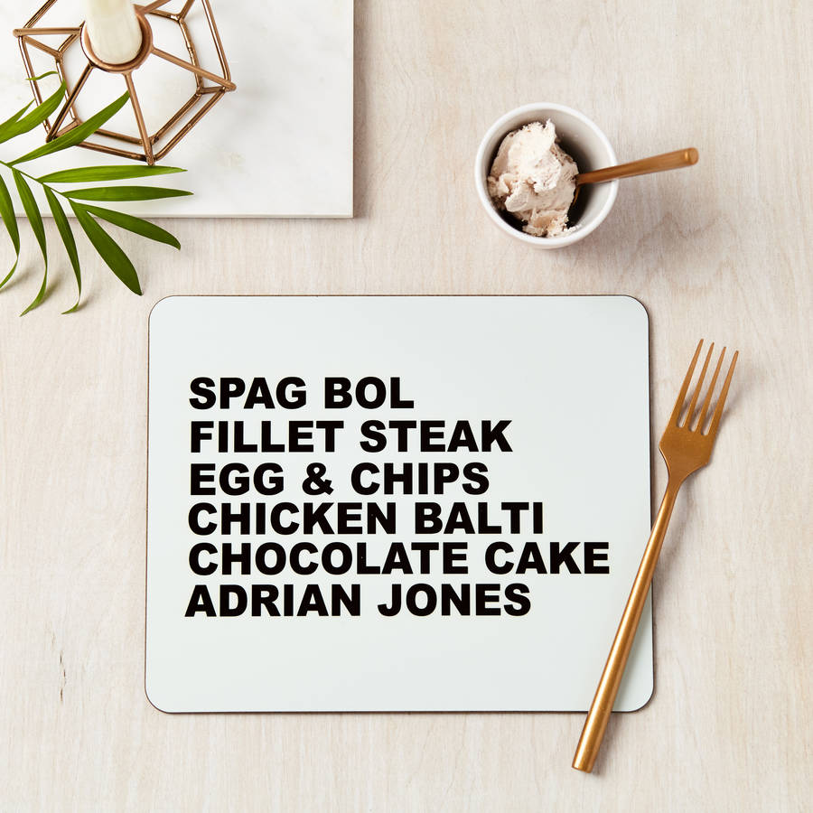 personalised favourite food placemat and coaster set by tillie mint