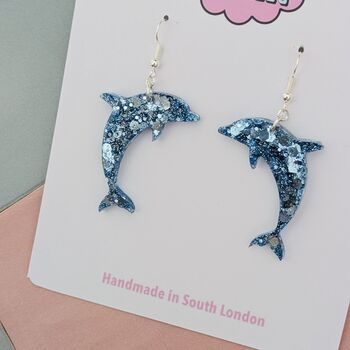 Dolphin Glitter Resin Earrings / Ocean Theme Statement Dangles / Gift For Beach Lovers, 2 of 5