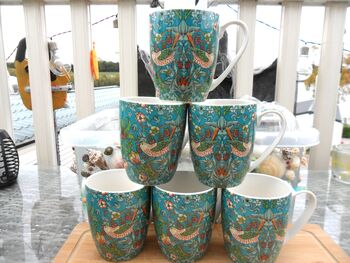 Set Of Six Aspen Mugs In Teal Strawberry Thief Design, 10 of 11