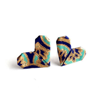 Geometric Origami Peacock Heart Stud Earrings, 2 of 2