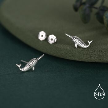 Tiny Narwhal Unicorn Whale Stud Earrings In Sterling Silver, 4 of 12