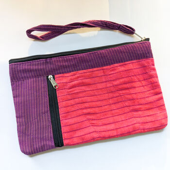 Fair Trade Wristlet Clutch Bag With Strap, Handmade Pink Purple Phone Purse Wallet, 2 of 6